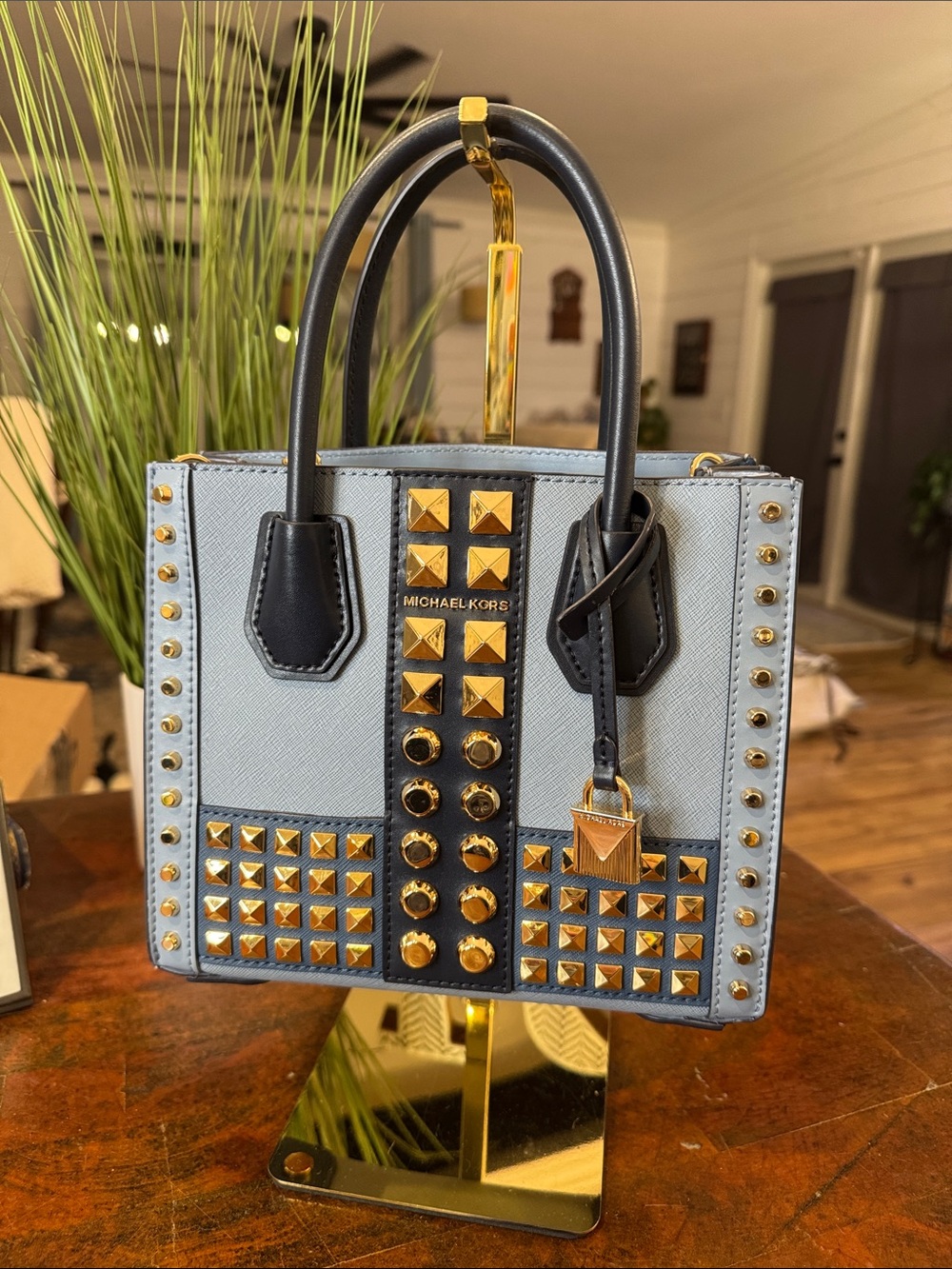 Michael Kors Light Blue Leather Studded Satchel with Black Handles